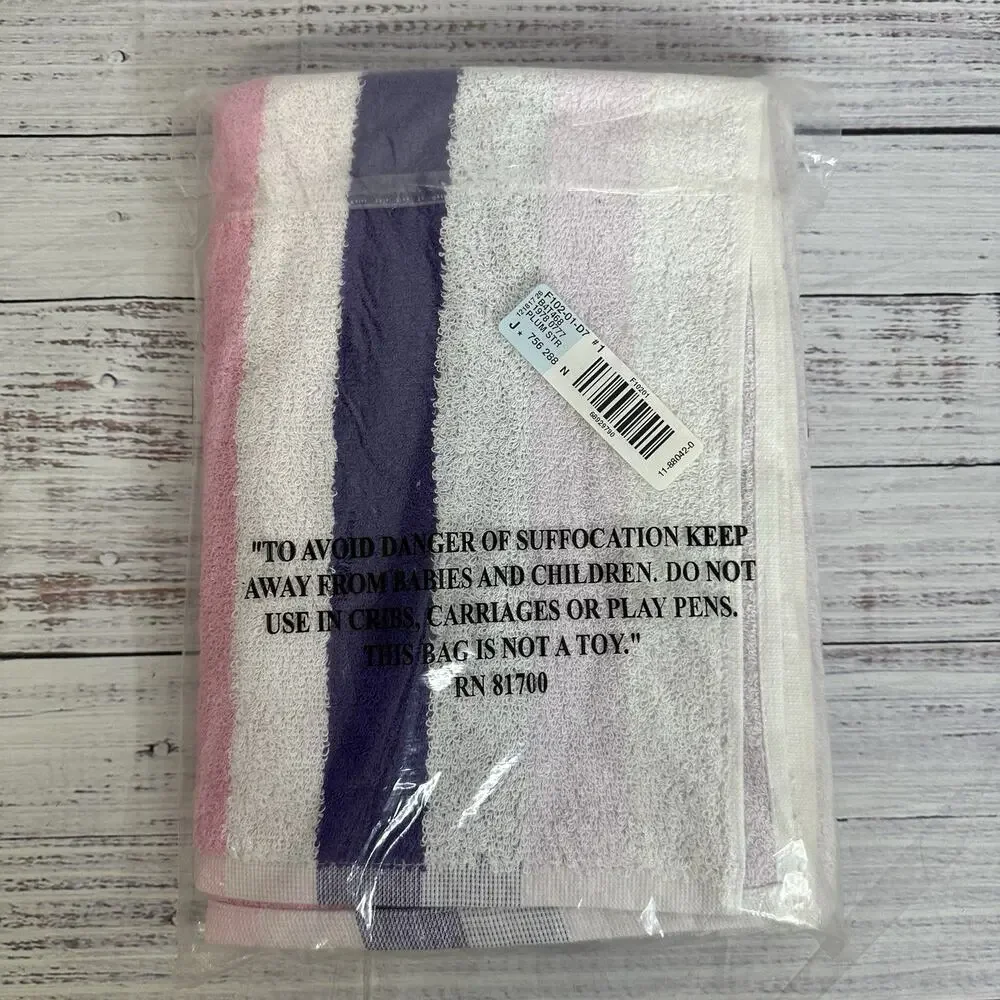 Vintage Bath Towel 100% Cotton Striped Multicolor Pink Purple White New